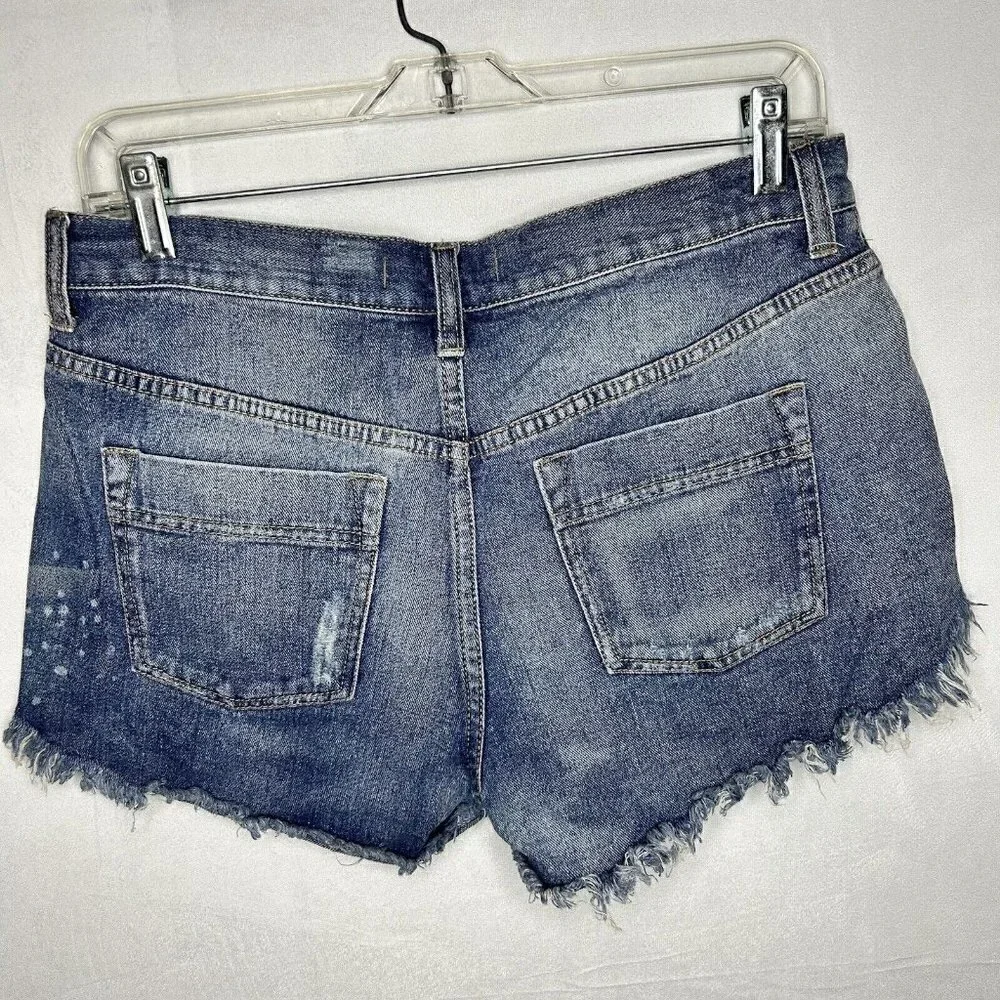 Free People Tulum Medium Wash Cut-Off Denim Jean Festival Embroidered Shorts 28